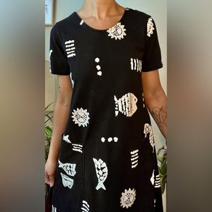Vintage Black Dress with Stamped Designs. Size Medium